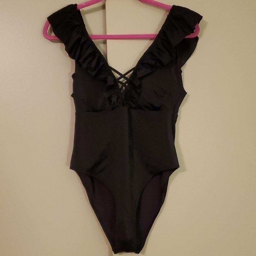 H&M Black Ruffled Plunge One Piece Size Medium NWOT
